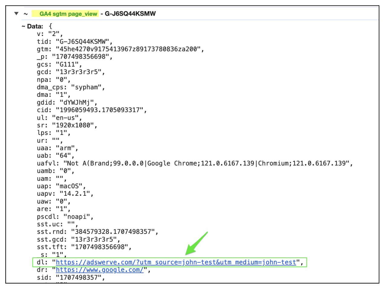 Example of a network call to GA4 using Adswerve’s DataLayer Inspector extension.