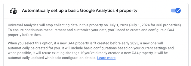 Automatically set up a basic Google Analytics 4 property” toggle window