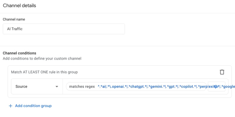 Channel conditions for adding an AI channel in GA4