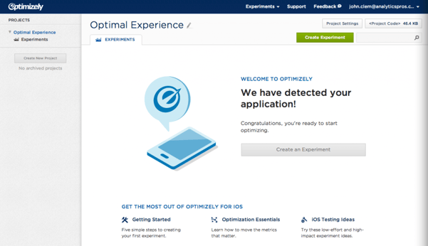 Optimizely screenshot: Click Complete Setup and you will be taken to a screen that says we have detected your application 