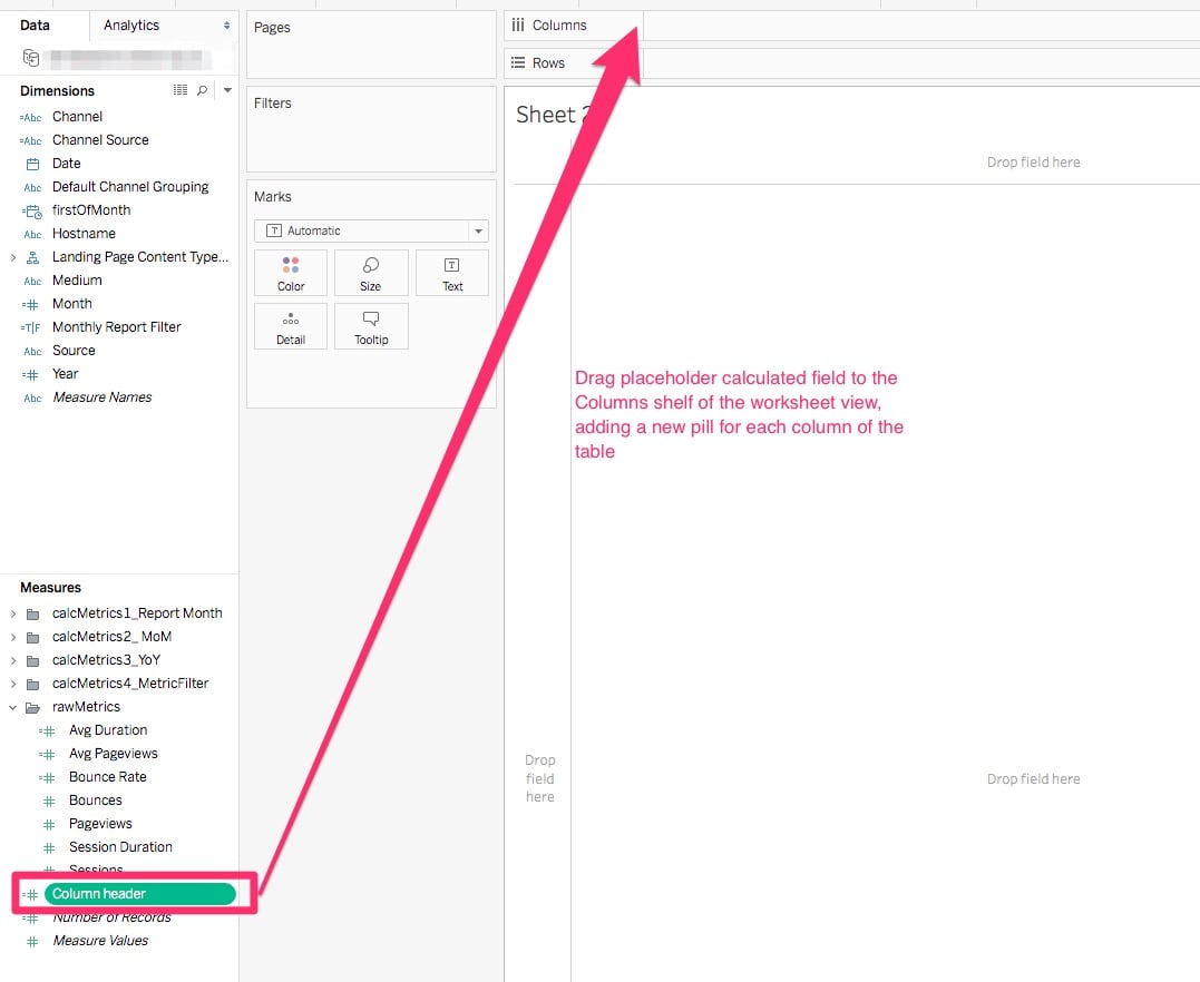 Dragging place holder to customize individual columns in the Summary Table in your Tableau worksheet.