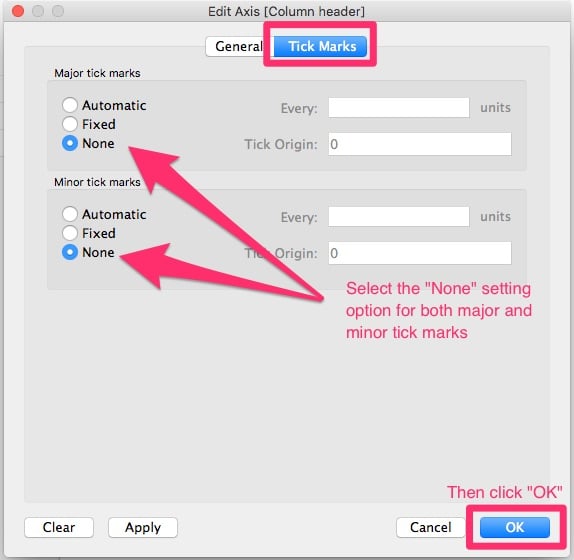 Location of "Tick Marks" setting in "Edit Axis" window