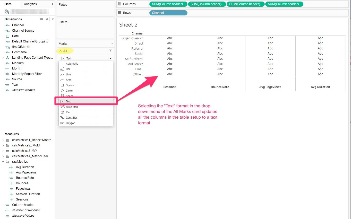 Updating "all" markes to "text" in your Tableau table setup
