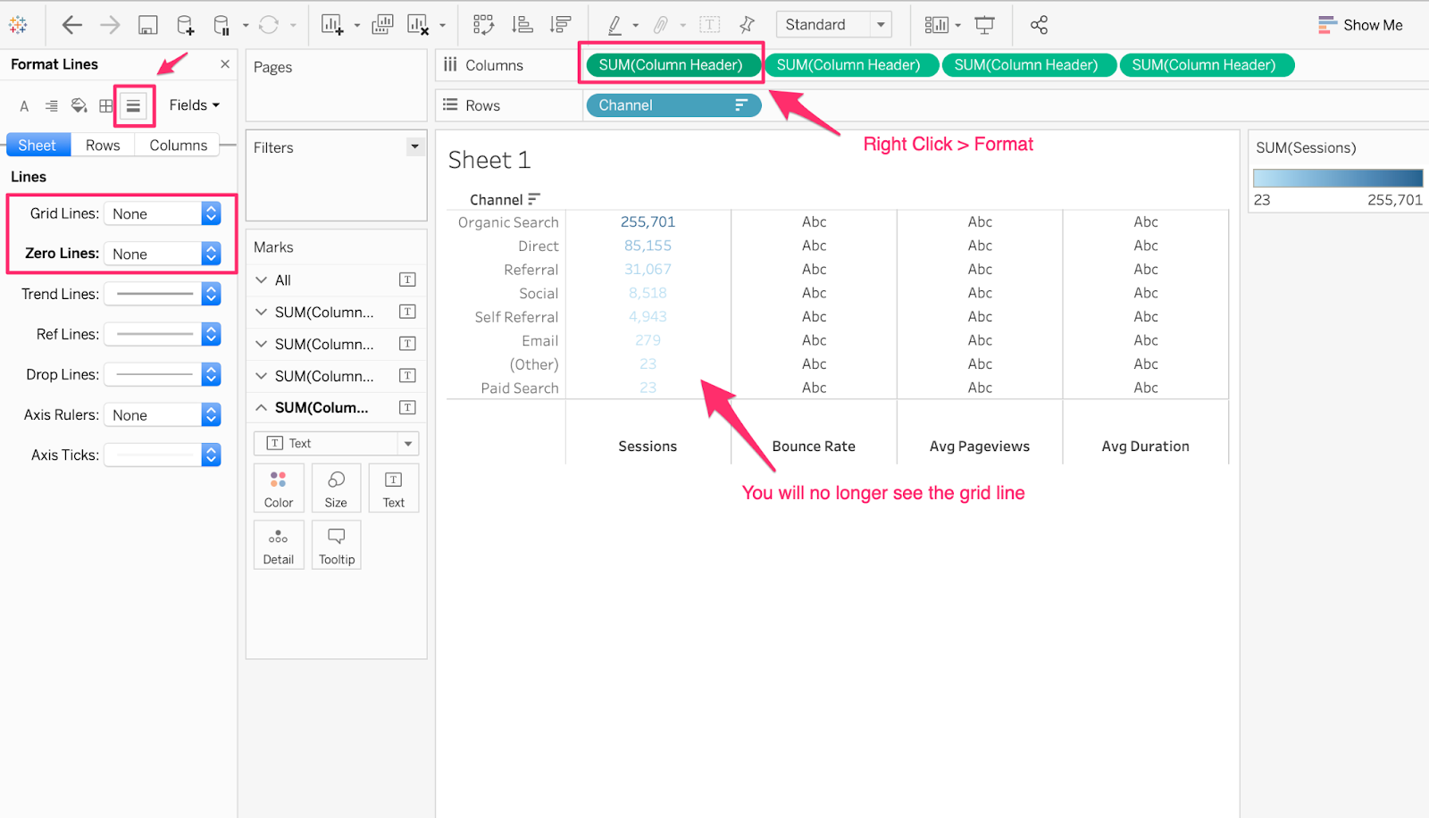 Removing the gridline within the column by right-clicking