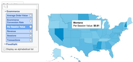 Google Analytics per session value by state