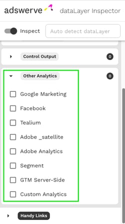 Observe code and network activity for other analytics implementations- Google Marketing, Facebook, Tealium, Adobe DTM, Adobe Analytics, Segment, GTM Server-Side, and Custom