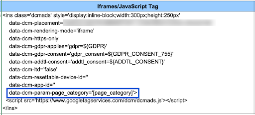 CM360 Placement tags example, showing location of added key-value pair