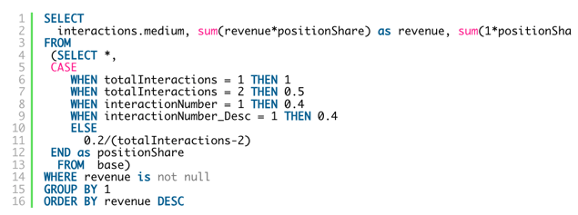 GA4 BQ position-based attribution coding example