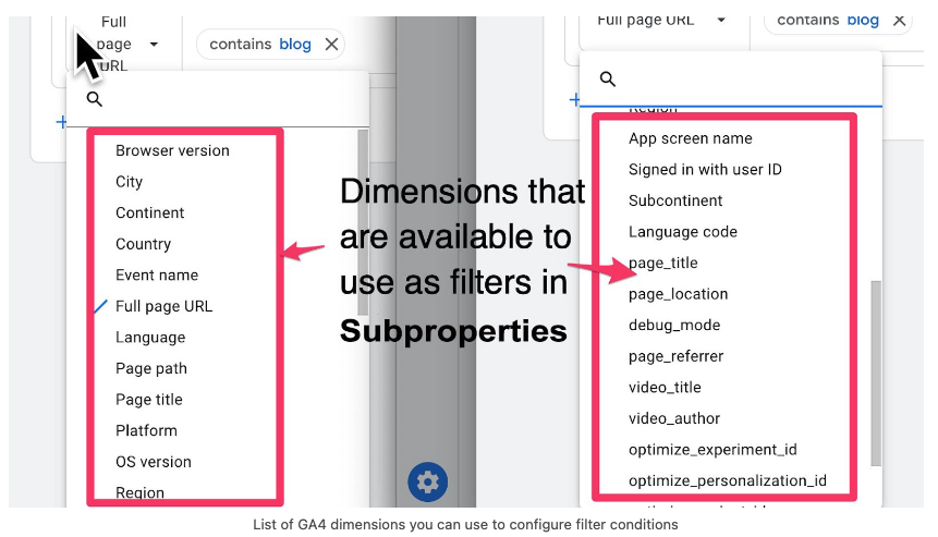 List of GA4 dimensions you can use to configure filter conditions