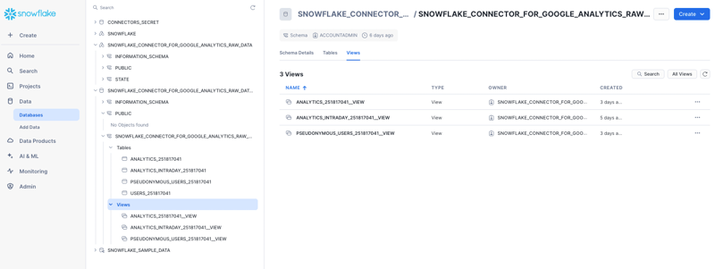 Screenshots of Google Analytics Raw Data Connector database view