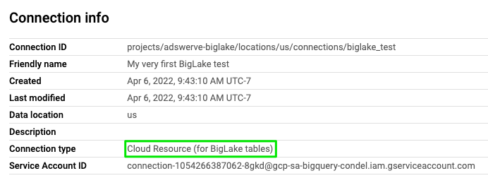 Example of where you can find BigLake Connection type in your BigQuery Connection info