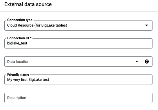 Screenshot of how to select BigLake as a Connection Type in BigQuery