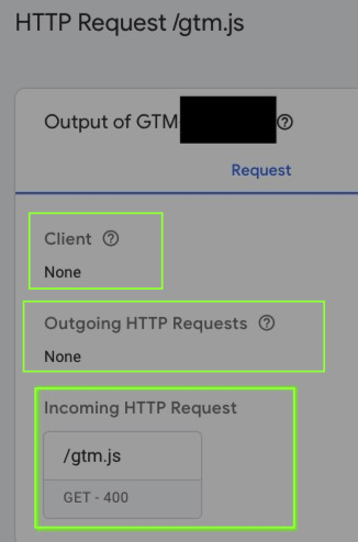 GTM Server Side Preview of HTTP request for  gtm.js. Notice the 400 server response and missing query parameters