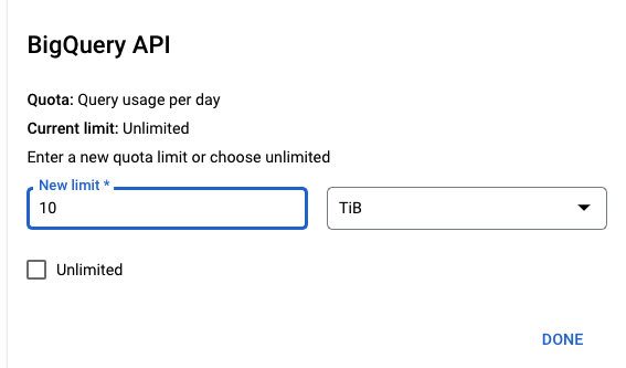 Screenshot of where you are able to limit daily query usage for the BigQuery API