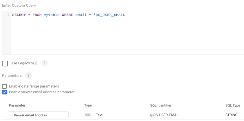 Setting up a custom query for BigQuery to use Data Studio user emails.