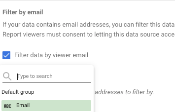 screenshot of filter by email attribute options in data studio