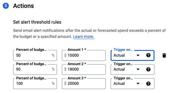 How to set up alert threshold rules for a monthly budget amount in Google Cloud platform