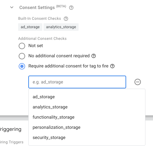 Example of consent settings options for Google Consent Mode