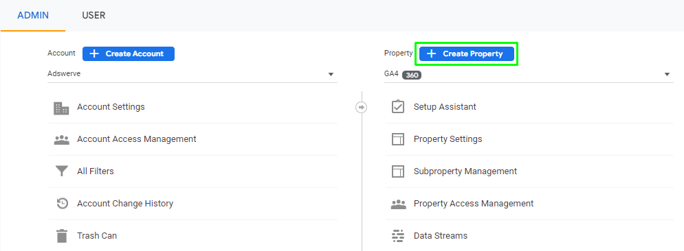 Screenshot showing the location to create a GA4 property in Google Analytics 360.
